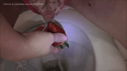 2pee4you:  Peeing on strawberry through panty I bought some strawberries and I left the biggest one for last because I wanted to pee on it through my juicy panties. I needed to pee so badly that it just comes gushing out on the strawberry, which turns