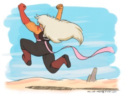 the-rad-radish:  A Jasper AU where the gems get tired of Jasper’s shit, lure her to the beach, and keep her on a Cookie Cat child leash/tie out in front of the house so they don’t have keep chasing her down. She’s free to build and wreck sand castles,