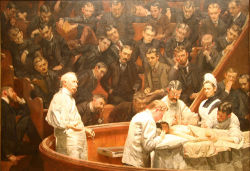 medicalschool:  Thomas Eakins’ The Agnew Clinic The Agnew Clinic depicts Dr. Agnew performing a partial mastectomy in a medical amphitheater. He stands in the left foreground, holding a scalpel. Also present are Dr. J. William White, applying a bandage