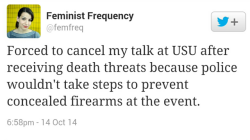  cognitivedissonance:  After threats against her life, Anita Sarkeesian canceled an upcoming talk at Utah State University. Gamergate trolls are celebrating on Twitter while simultaneously dismissing the threats as nothing. Does this read like nothing