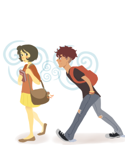 neal-mackenzie:  Kai and Jinora in a modern High School AU &lt;3 I love these two so much. Jinora would be an A+ student who carried a book everywhere she went, and Kai would be the skater bad-boy who follows her around like a puppy. :) Too adorable.