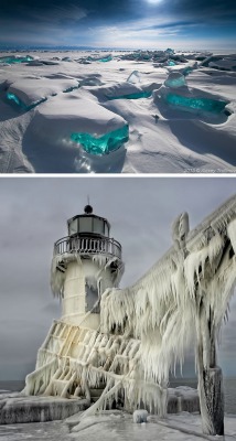 sandrasmotion: catastrophic-cuttlefish:  1 - Baikal ice emerald 2 - Frozen lighthouse on Lake Michigan shore 3 - Frozen bubbles 4 - Frozen flower buds 5 - Frozen lakes 6 - Ice blossoms 7 - Frosted lace (frozen spider webs) 8 - Folded snow 9 - Flowers