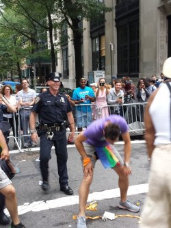 lenudiste:  NYPD gets down during NYC pride   But one officer went above and beyond the call of duty, blessing a thirsty city with his dirty dance moves.“The cop was standing there all stoic,”  Ponzeka told BuzzFeed News. “As soon as Aaron started