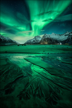 primordial-sound:  just–space:  Spectacular reflections of the Aurora Borealis over the frozen waters of Flakstadya island in the Lofoten archipelago  js