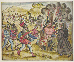 deathandmysticism:  Bartolomé de las Casas, Taíno chief Hatuey being burnt by Spanish soldiers while refusing to accept Jesus, Cuba, 16th century   taíno 