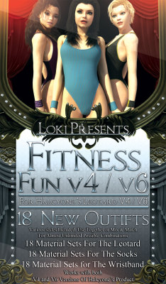 Fitness Fun V4/V6 is a brand new materials pack for Halcyone&rsquo;s Leotard  V4 &amp; Halcyone&rsquo;s Leotard V6 by Loki! With this pack you&rsquo;ll get 18  full Material Sets for The Leotard, Wristband and Socks. Each of the  Material Files have uniqu