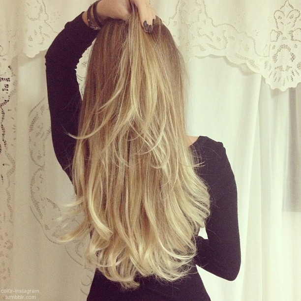 Long black hair with blonde highlights
