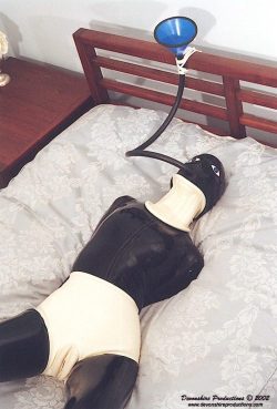 franko653:  drhigginson:  sexslavefantasy:  An object, a thing. It’s nothing but a piss and cum receptacle.  I hope its nostrils are plugged so if it wants to breathe it has to swallow.  Hydrotorture by forced feeding in a rubber bondage outfit and