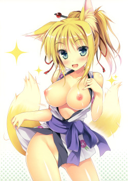 polygonplanet:  1girl :d absurdres animal ears aqua eyes bare shoulders blonde hair blush breasts dog days fang fox ears fox tail hair ornament hair stick halftone halftone background highres looking at viewer mound of venus nipples open mouth ponytail