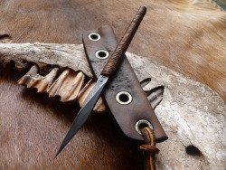 ru-titley-knives:  Armageddon rustic leather carry . This is the first of two sheaths Ive recently made up for my Mud Spike Kiridashi . The distressed leather welted sheath can be set for  either tip down / up neck carry on kangaroo leather latigo lace