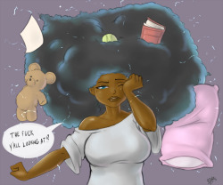 Sketch of early morning Jiggly Watt.  Sleep static is something of a problem for her.   The weirdest thing I&rsquo;ve ever had in my fro when I woke up was a Duplo Block and I have no clue how that shit got tangled in there. :/