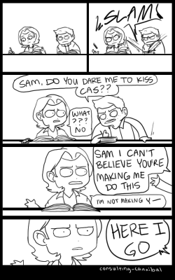 consulting-cannibal:  comic based on this chat post!! in my heartest of hearts i want dean to start doing ridiculous shit like this every day. drive sam insane. i luv it