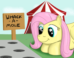 hoofclid:Fluttershy isn’t convinced by the *game* of Whack-a-Mole, but she does like to watch the moles pop up. x3! D’aww~