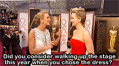 gifs-daily:  Jennifer Lawrence talks about her tripping precautions at the 86th Academy Awards 
