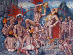 eroswolf:“INCA CUM DRINKING RITUAL”  by Marc DeBauch 2005 gouache on paper 18”x24” This painting was a commission for a (now deceased) collector after his trip to Peru. It is now part of the permanent collection in the Leslie-Lohman Museum of