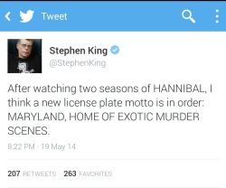 hannibaltriumphant:  Stephen King tweets about Hannibal! 