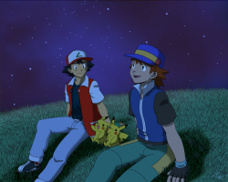 hollylu-ships-it:  Commissioned by @mezasepkmnmaster Teen!Ash and Teen!Ritchie for his fanfic. They are having a nice chat under the night sky. 