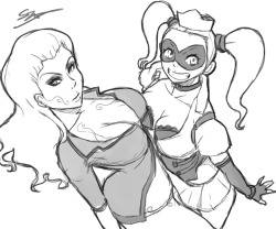 liquidxlead:  BW sketch commission of Harley Quinn &amp; Poison Ivy 