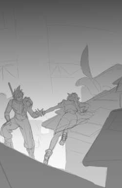 chirart:  Since I’ve been drawing FF7 so much I decided to commit to doing a limited-run fanbook. A large portion of it is gonna be a collection (about two dozen?) of narrative snapshots like these… it’s very fun. Going to be working on it on-and-off