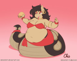 nekocrispy:  Commission: Belly Dancing Snake HorseFor Slots   Commission for Slots of their character Amali who’s belly dancing while eating, she’s just asking for a stomach ache.  _____Support me on Patreon