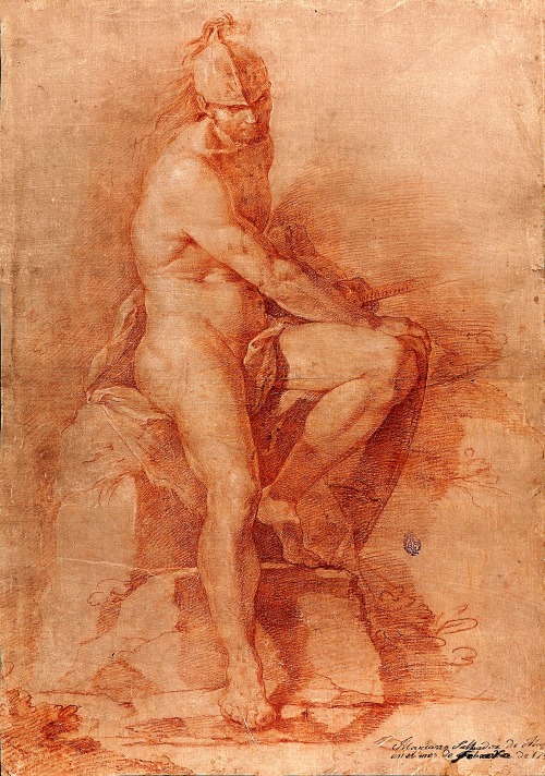 hadrian6:  Study of Seated Nude Male with Helmet and Sword. 1758. Mariano Salvador Maella Spanish 1739-1819. sanguine on light brownish paper.       http://hadrian6.tumblr.com