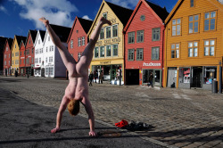 maximien:  The ‘Naked Handstander’ at Bryggen-Bergen, Norway