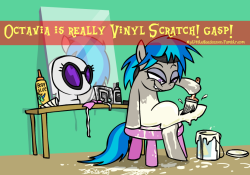 mylittleheadcanon:  My headcanon is that Vinyl Scratch and Octavia are really the same pony. Headcanon submitted by Lagaspingman The horn lights up when the decks move so that everypony thinks she’s doing all the work, not unlike human DJs pretending