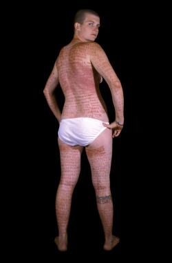 misandry-mermaid:  Mary Coble. Untitled 1 &amp; 3 (from Note to Self), 2005. &ldquo;Note to Self&rdquo; was a twelve hour performance where the names of 438 gay, lesbian, bi and transgender individuals who were murdered due to hate crimes, were tattooed