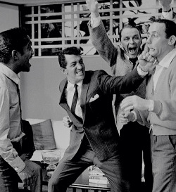 iamdinomartins:    Sammy Davis Jr, Dean Martin, Frank Sinatra, and Joey Bishop   on the set of Ocean’s 11 (1960).