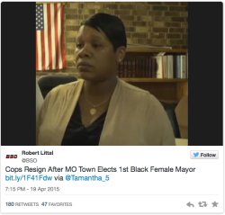 enchanted-dystopia:  liberalsarecool:  reverseracism:  micdotcom:  Several Missouri cops have resigned after their town elected a black female mayor The city of Parma, Missouri, has seen mass resignations  among the local police force after the city’s