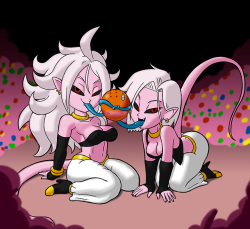 tansau:  Happy birthday to @plagueofgripes! Here, have two Majin girls sharing a HUGE jawbreaker with some awfully familiar markings….   nom noms~ ;9