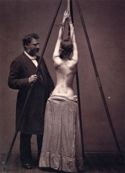 Lewis Sayre with his suspension device for the treatment of scoliosis, 1877.
