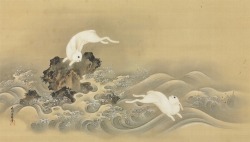 fujiwara57:  Kakemono 掛物  -  “Rabbits frolicing in the waves“ - encre et couleur sur soie -de Kanō Osanobu 狩野養信 (1796 - 1846). Signature : Kanō Seisen'in Osanobu  狩野晴川院養信  