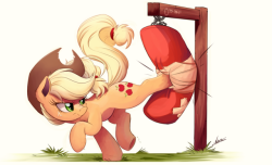 ncmares: EQD NATG Day 3.Applejack limbers up the ol’ applebucking thighs every day before getting to work. Technique is very important and vital to maximizing apple harvesting efficiency!      I wonder if there’s a discount for buying heavy bags in