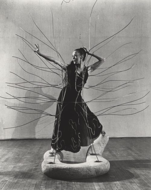 inneroptics:   Isamu Noguchi -   Martha Graham wearing Noguchi’s Spider Dress, while balancing on another sculpture known as Serpent.    ‘Everything is sculpture. Any material, any idea without hindrance born into space, I consider sculpture.‘ 