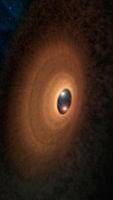kenobi-wan-obi:    In this artist’s impression, a disk of dusty material leftover from star formation girds two young stars like a hula hoop. As the two stars whirl around each other, they periodically peek out from the disk, making the system appear