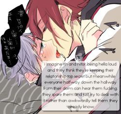 freedirtyconfessions:   &ldquo;i imagine rin and nitori being hella loud and they think theyre keeping their relationship top secret but meanwhile everyone halfway down the hallway from their dorm can hear them fucking. they spare them and just try to