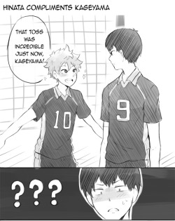 suikkart:  i haven’t made comics in a long long time so this is pretty dumb i’m sorry kinda based on that one chapter where hinata calls kageyama incredible god i love these dorks 