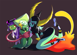 cheesecakes-by-lynx:  Its a green, space-invader threesome!  Hope everyone enjoys their St. Patty’s Day as much as these three are gonna enjoy themselves…Peridot’s feeling a wee bit nervous…