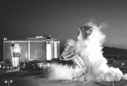 vintagelasvegas:  Landmark implosion, Nov. 7, 1995 “I was on top of the Debbie Reynolds Hotel for that event. Warner Brothers was filming a movie called Mars Attacks, a spoof on aliens attacking earth. The studio wanted to film it at 5 a.m. to get