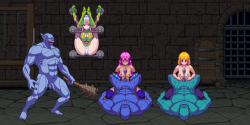 pixel-game-porn:  Screen shot from the game hentai game Chijoku No Troll Busters with the three busty female adventurer in the troll’s dungeon, two of which are having an paizuri tit fuck competition to see who’s got the most oppai big tits of all.