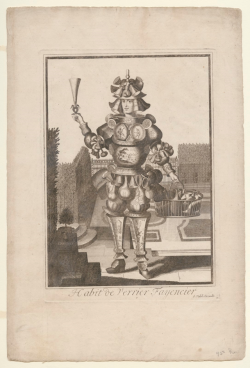 cmog: A glass and ceramic peddler is dressed to the nines in his wares in this early 18th-century print. In the 17th and 18th centuries, it was common to depict tradespeople clothed in the tools and products of their trades. Investigate this and other