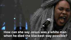 bethanyactually:  theblackmanonthemoon:  your-fav-film-freak: Yo.  Still one of the hardest bar I’ve ever heard  This is Crystal Valentine, “And the news reporter says Jesus was white.”[gifs of a black woman performing a poem into a microphone: “How