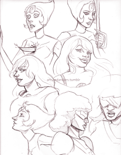 artsandantlers:  Crystal Gem sketches from today! :) I love drawing the Gems because I get to try out different body types and faces. Been listening to Opal and Dance of Swords on repeat to get in the mood.  