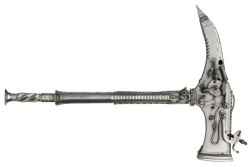 institute-for-thermal-research:  peashooter85:  Early 17th Century Combination warhammer and warpick/six shot gun.   Has six barrels concealed on it for six shots.  The head contains five barrels, their muzzles concealed by a hinged cover forming the