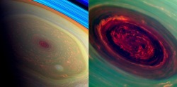 wearys:spaceexp: Saturn’s hexagonal storm system in it’s north pole   thank u earth for not doing this