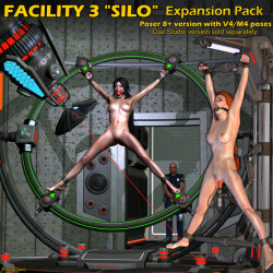 Specialized  and ultra-modern restraints and tools to add to your collection.   Includes 3 new restraints, &ldquo;dildo station&rdquo; and giant death ray probe.   Fits in perfectly with the Facility 3 Silo Core Pack or as a  stand-alone. Compatible