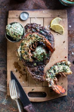 bearded-daddy:  intensefoodcravings:  Surf and Turf: Steak and Lobster with Spicy Roasted Garlic Chimichurri Butter | Half Baked Harvest  Super noms…
