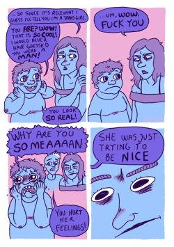 genderphobia:  superqueerartsyblog:  &ldquo;if i step on your foot accidentally it shouldn’t hurt you and i won’t say i’m sorry because my intentions were good&rdquo;  holy fuck this comic 