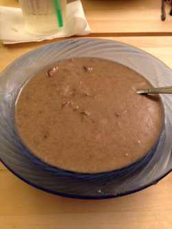 Chef Anne’s bacon mushroom soup is done…! Oh god it’s so good! I am definitely keeping this recipe to make again XDEdit: I forgot to add the URL to the recipehttp://www.foodnetwork.com/recipes/anne-burrell/mushroom-soup-with-bacon-recipe.html
